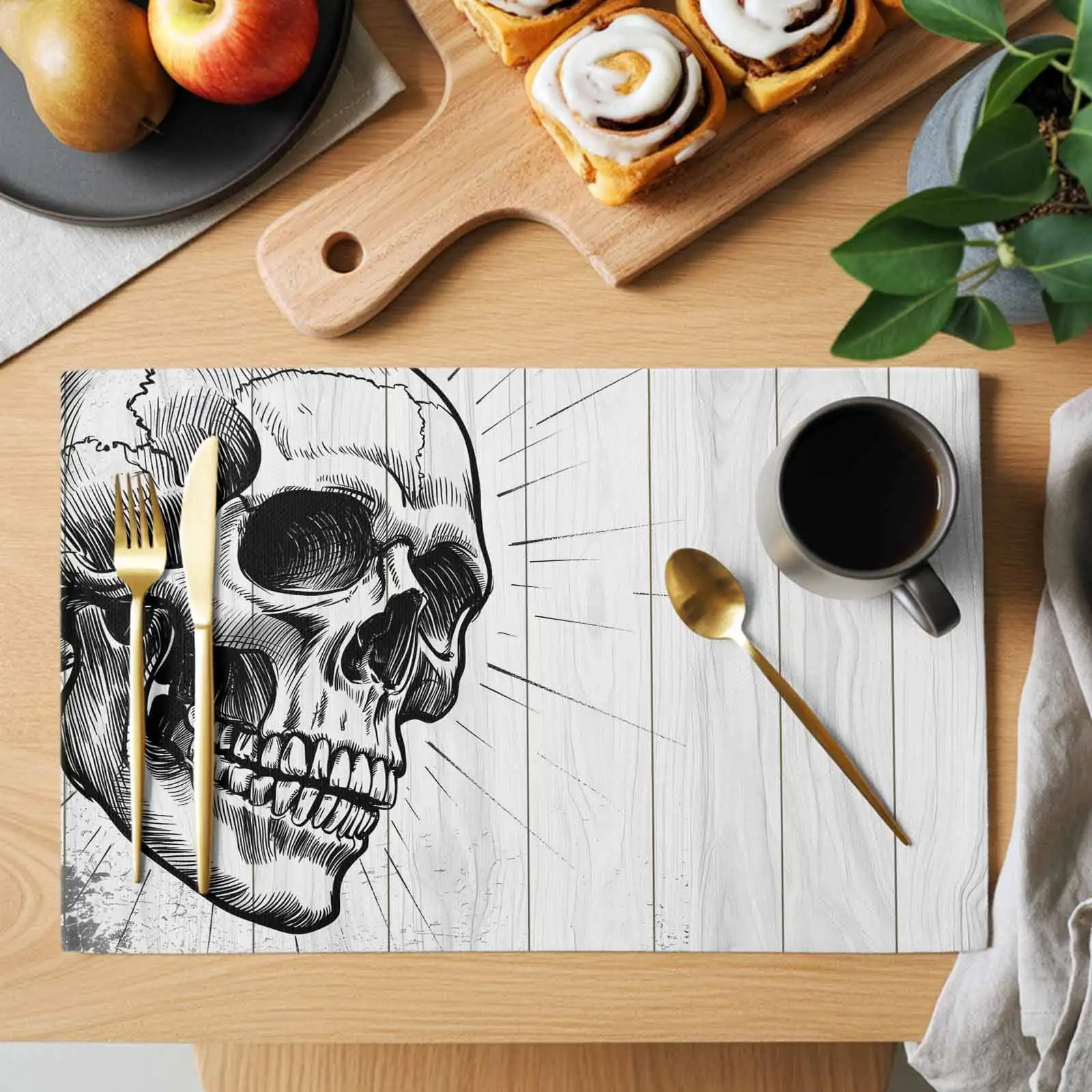 Horror Skull Placemats Set of 4, Black Skeleton Spooky Halloween Placemats for Dining Table, Place Mats for Kitchen Tabletop