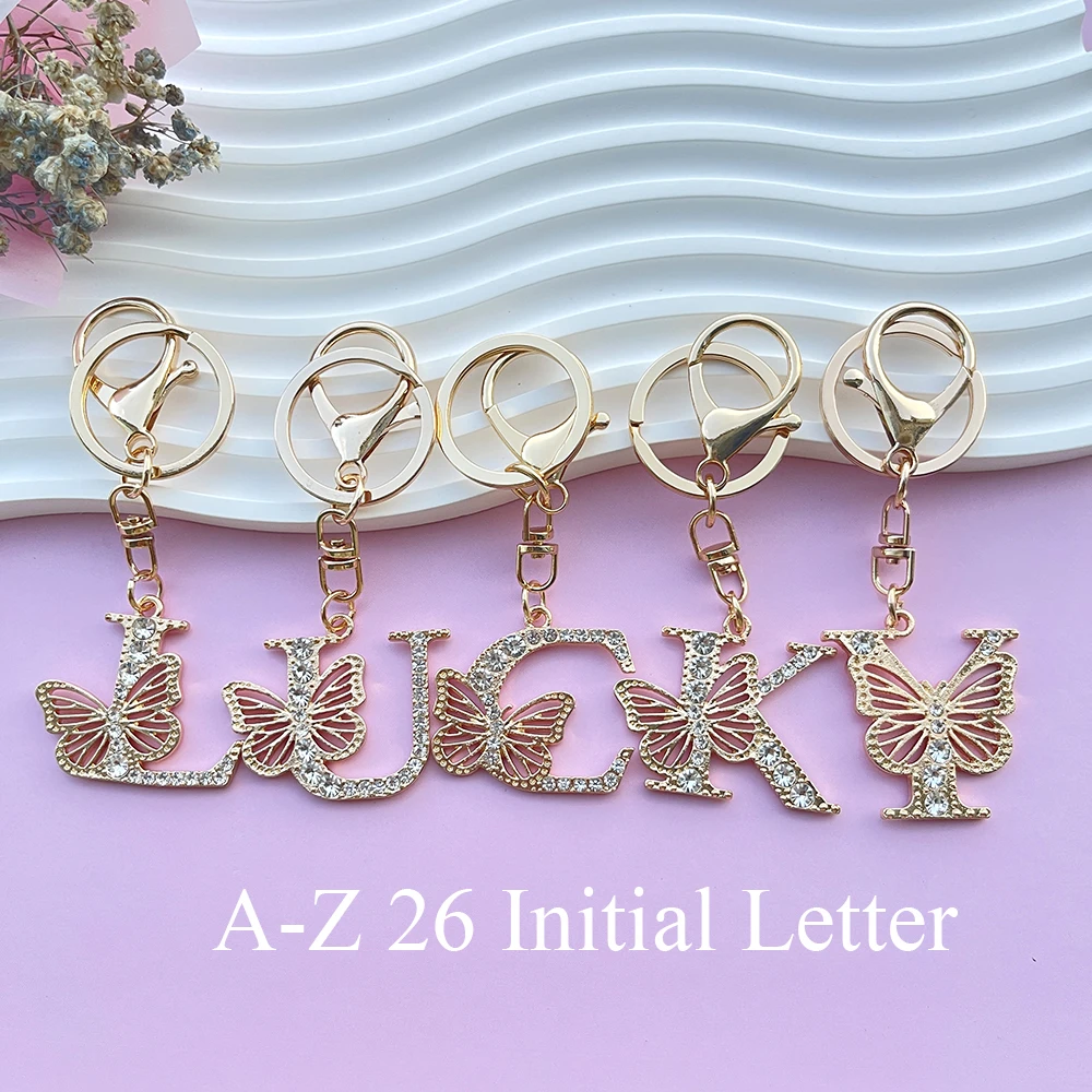 Initial A-Z 26 Butterfly Crystal Last Name Capital Letters Charms Keyring Pearl Beaded Keychain Bag Jewelry For Woman Girl Gift