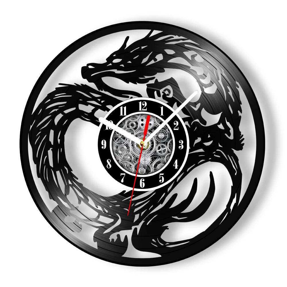 Dragon Vinyl LP Record Wall Clock For Living Room Abstract Fantasy Home Decor Watch Mythical Animal Creature Artwork Craft Clock