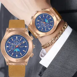 Fashion trend JIANUO brand large dial men's leather strap watch casual scale rose gold men's quartz watch