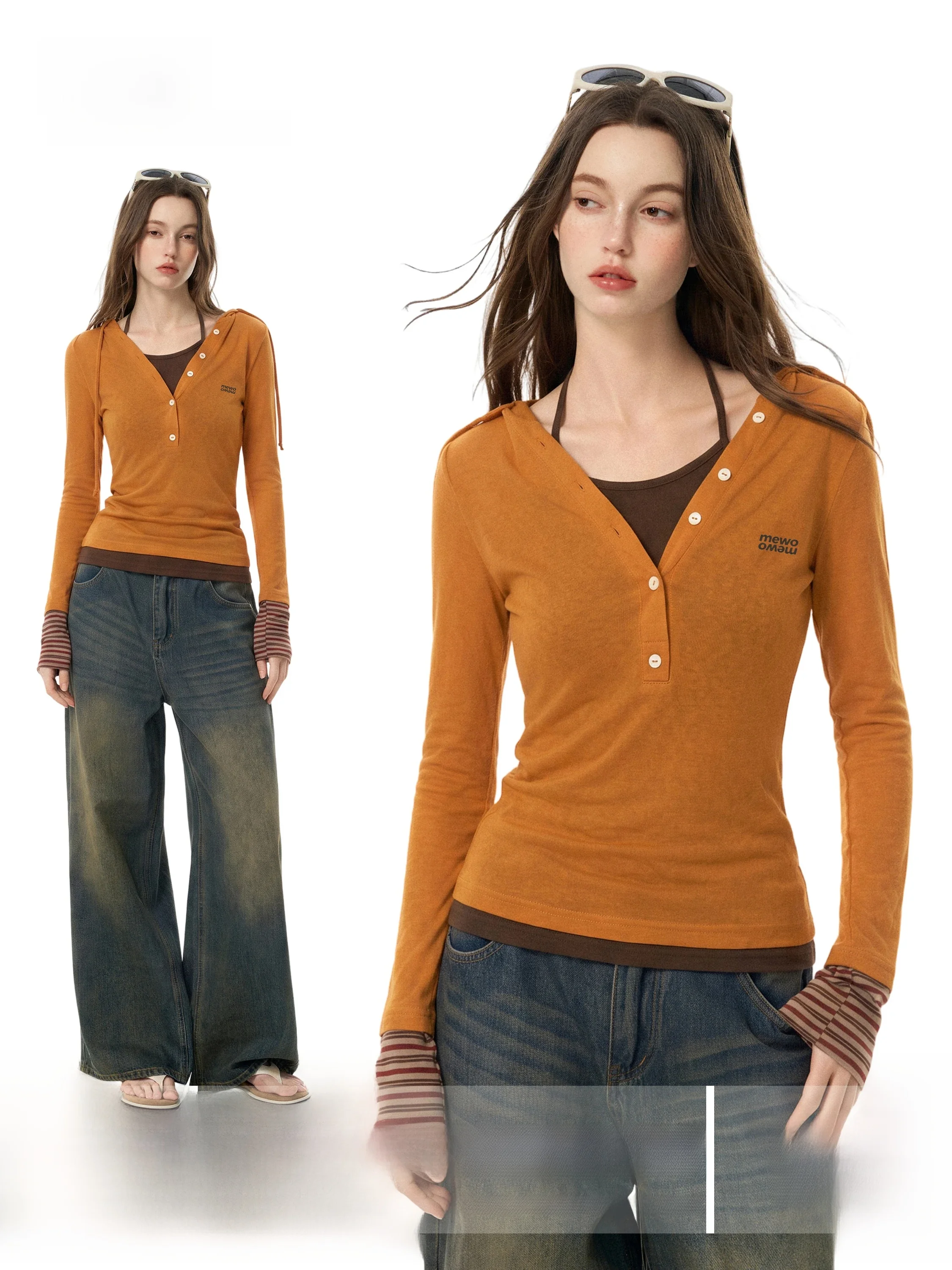 Orange Stripey Long Sleeve V-Neck Hoodie T-Shirt Women's Autumn Design Slim Fit Inner Short Top Fake Two-Piece Hanging Neck