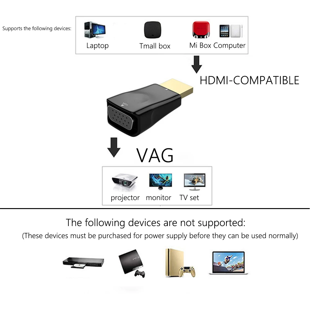 HD 1080P HDMI-Compatible to VGA Adapter Practical VGA Output PC Converter Connector for Computer Laptop Part Supplies