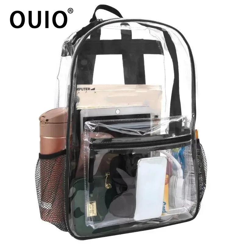 OUIO Waterproof PVC Clear Backpack Adjustable Straps Dual Zippers Lightweight Transparent Bag For Baseball Stadium