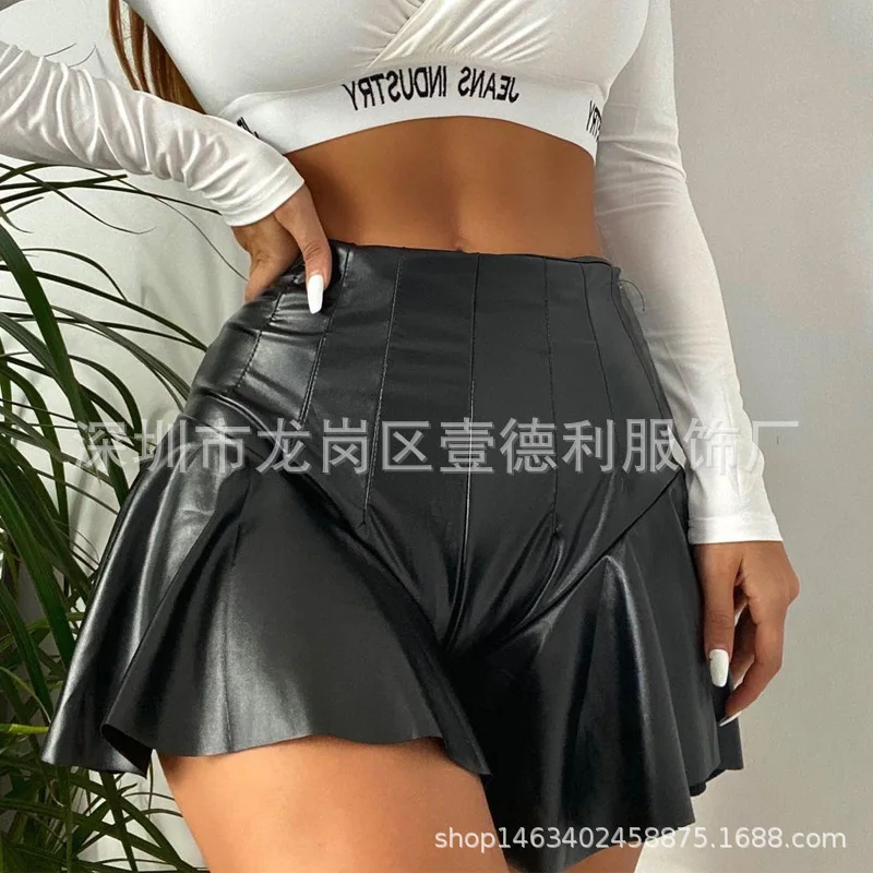 PU Leather Casual Pants Pleated Trouser Skirt Buttock A-line Short Leather Skirt Ruffle Small Leather Pants Su2371