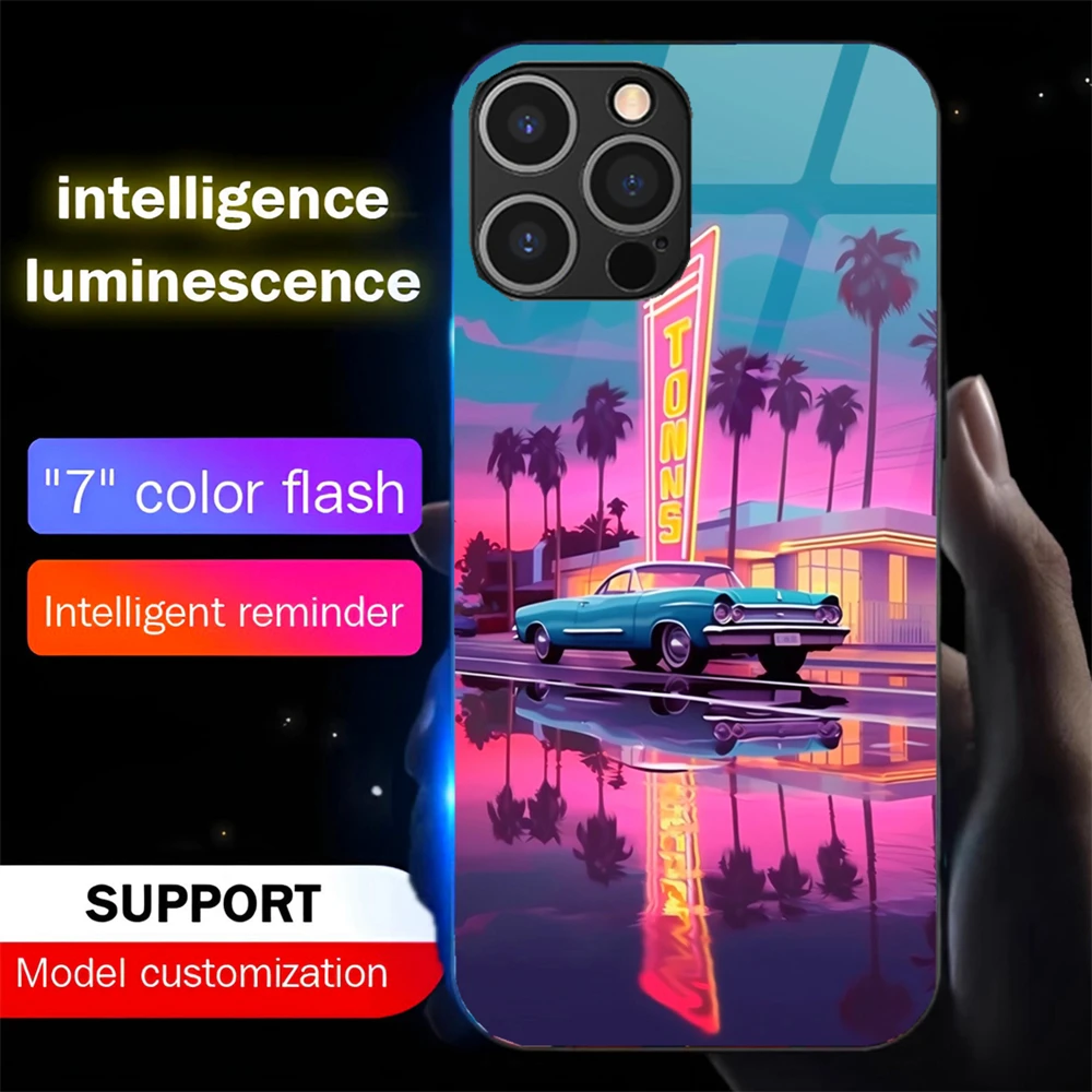 American Summer Scenery LED Calling Light Flash Phone Case Glitter Cover For iPhone Air 17 16 E 15 14 13 12 11 Pro Max Plus