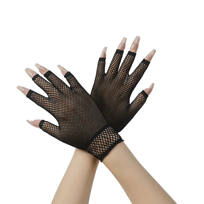 Fingerless Gloves Women Mesh Stretchy Short Sexy Theme Party Halloween Show Lightweight Adult Size Black Breathable Elastic Use