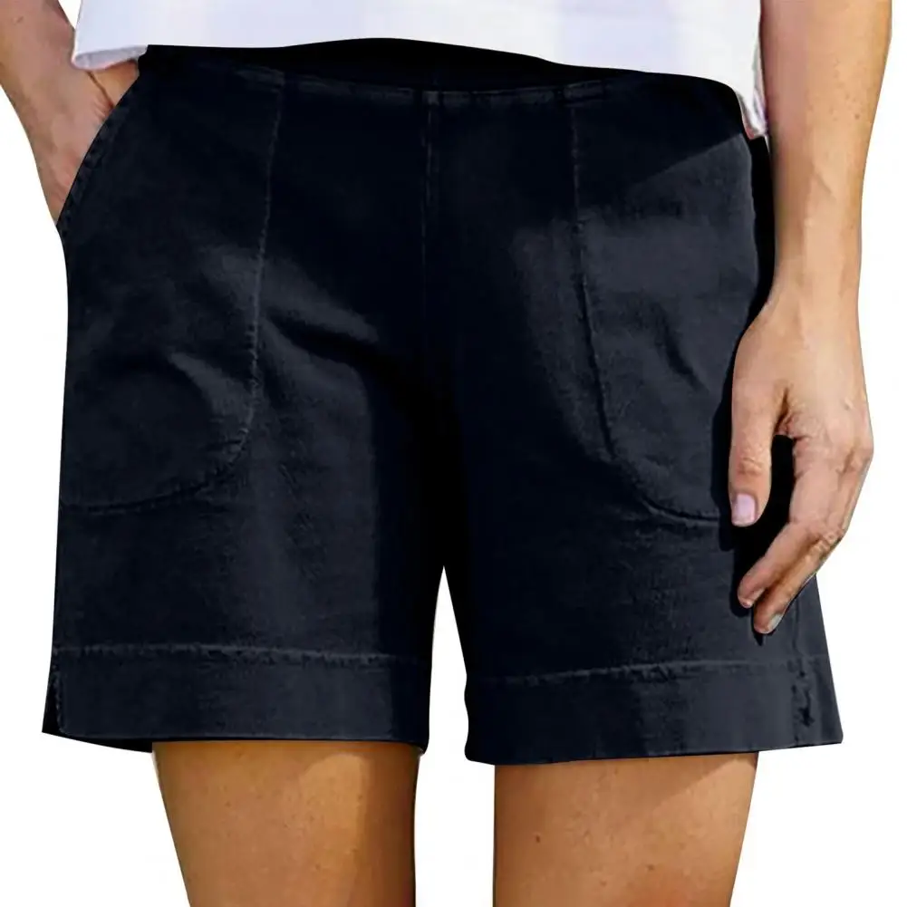 Women Knee-length Shorts Women's Cotton Linen Elastic Waist Shorts with Pockets for Summer Vacation Outfits Street for Women