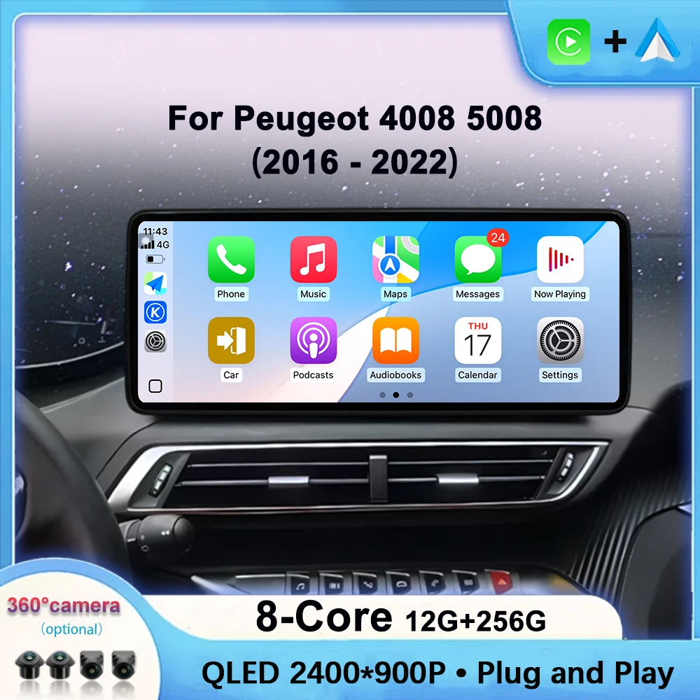 

Car Video Multimedia Player Touch Screen Wireless Carplay For Peugeot 4008 5008 2016-2022 Android Auto GPS Navigation 12.3" QLED