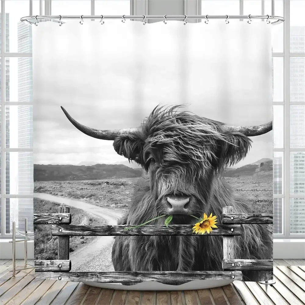 Funny Highland Cow Shower Curtain Farm Animal Sunflower Watercolour Flowers Farmhouse Polyester Fabric Bathroom Decor with Hooks