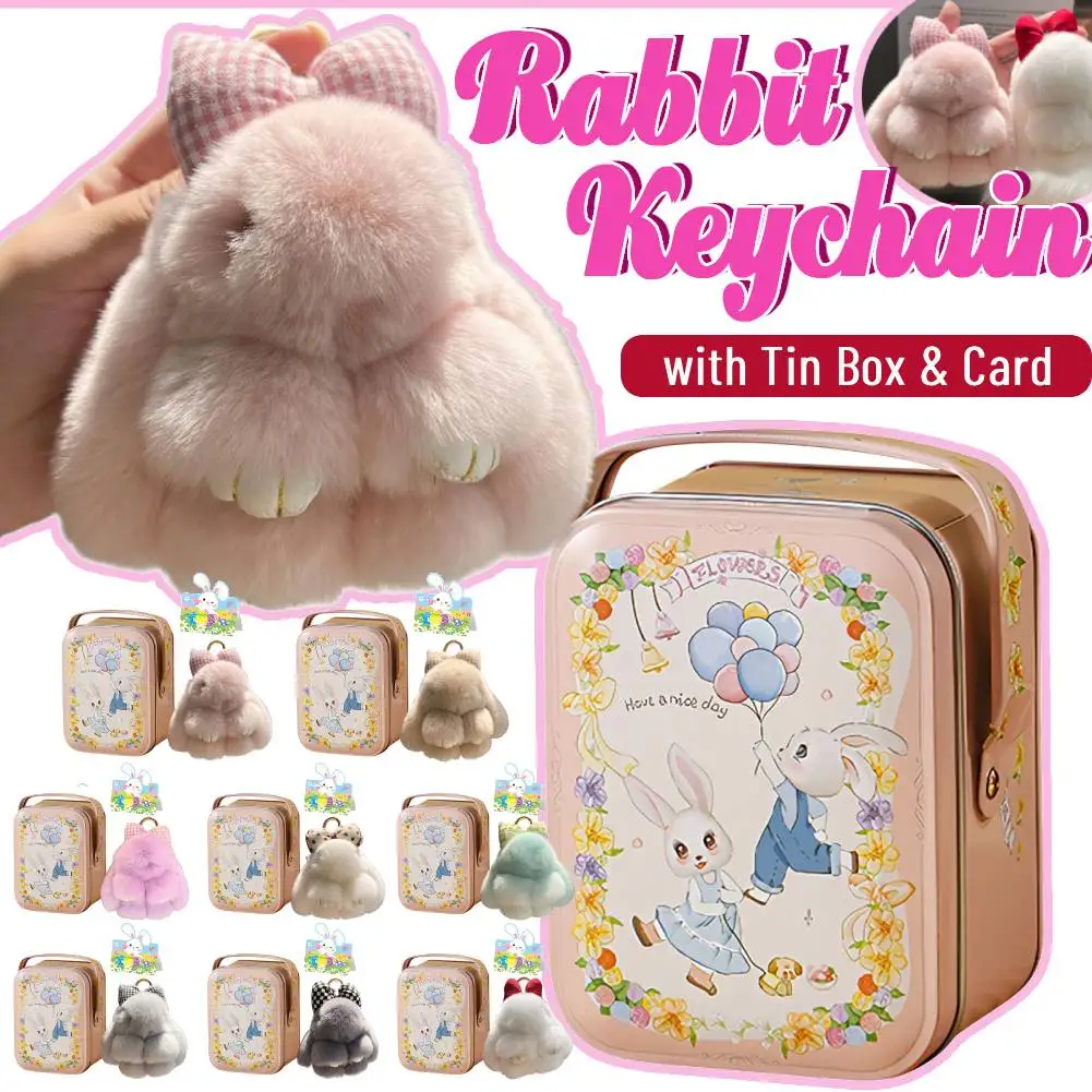 

Брелок из кроличьего меха 15 см для женщин с жестяной коробкой и карточкой, плюшевая подвеска-кролик на Пасху 2026, аксессуар для сумок и рюкзаков, пасхальный подарок