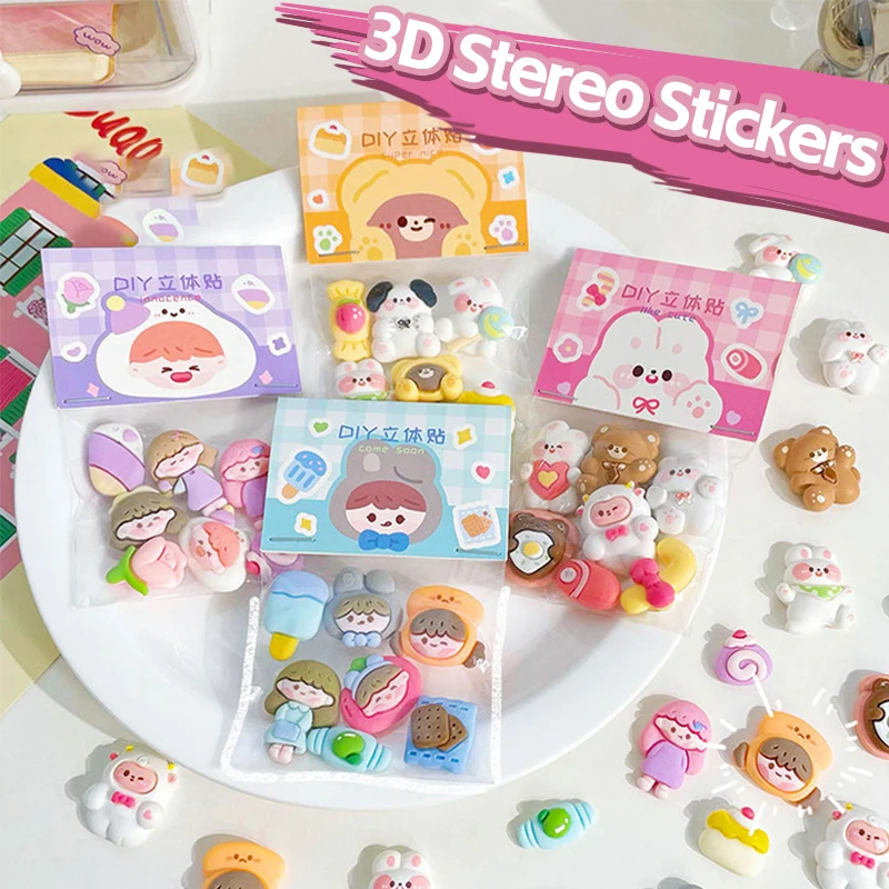 Pegatinas estéreo 3D de dibujos animados Kawaii para decoración DIY, papelería, taza de agua, refrigerador, teléfono móvil, caja de almacenamiento de coche, 7 unids/lote por paquete