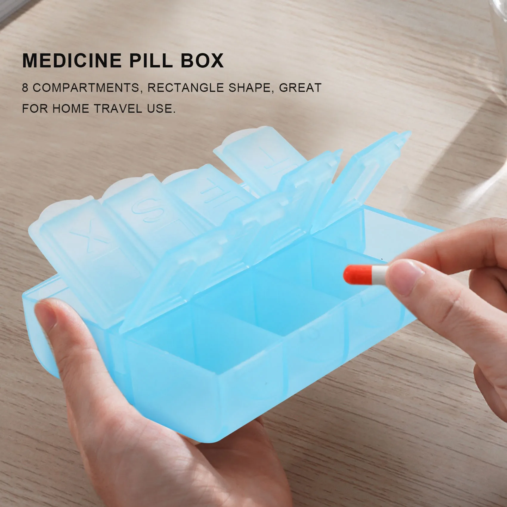 Plastic Rectangle 8 Compartments 7 Days Medicine Pill Box Blue