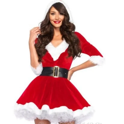 Vestido de disfraz de señora Santa Claus para mujer, vestido de encaje con capucha de terciopelo y dobladillo de piel sintética, trajes de fiesta de Navidad y Año Nuevo, regalos