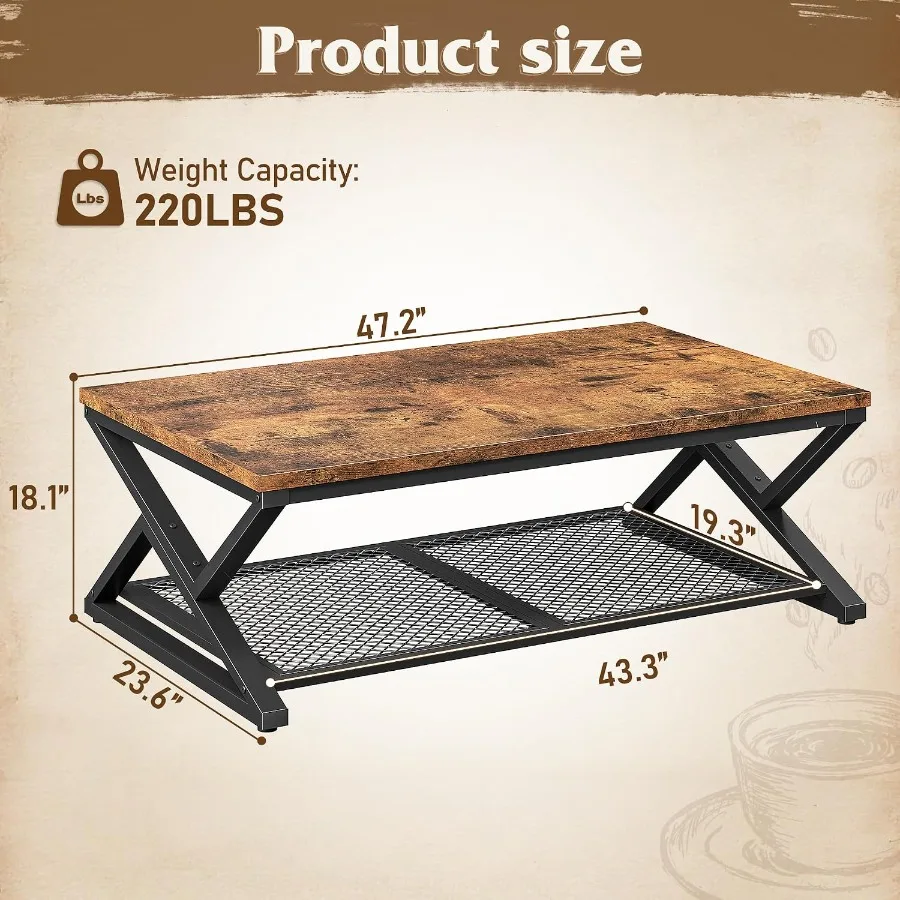 Coffee Table for Living Room, Engineered Wood in Walnut Finish, X-Frame Stability with Hidden Storage and Open Shelf