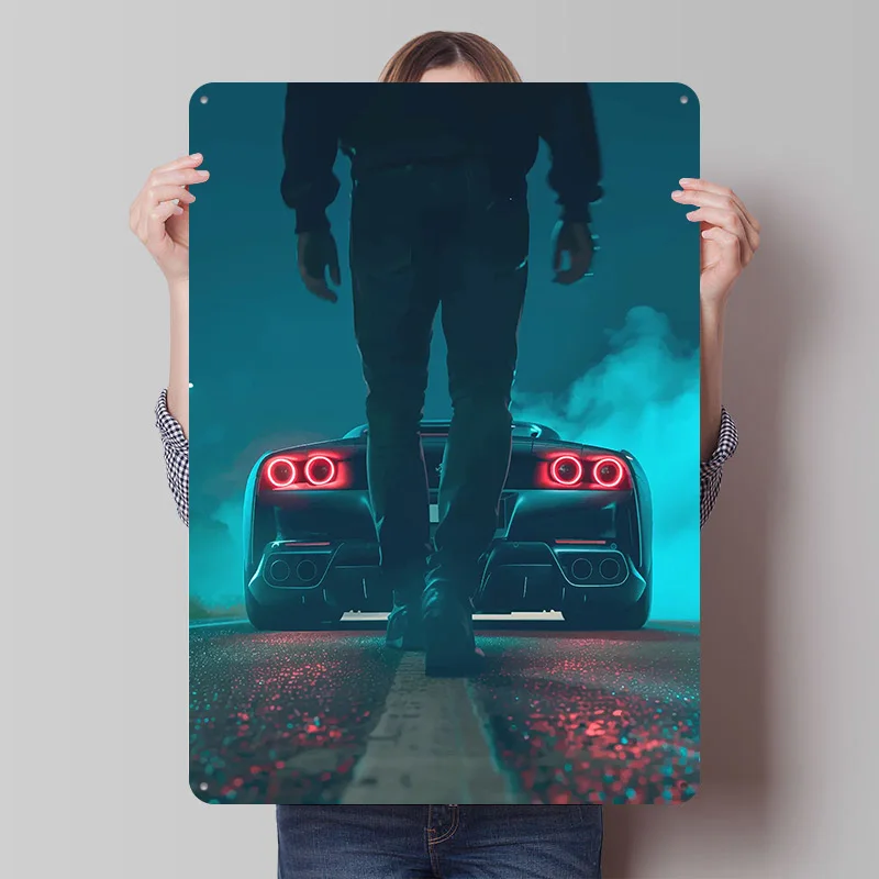 Man and Sports Car Poster Customized Vintage Metal Signs Wall Art Retro Tin Plaque for Fans Room Decoration Garage Decorations
