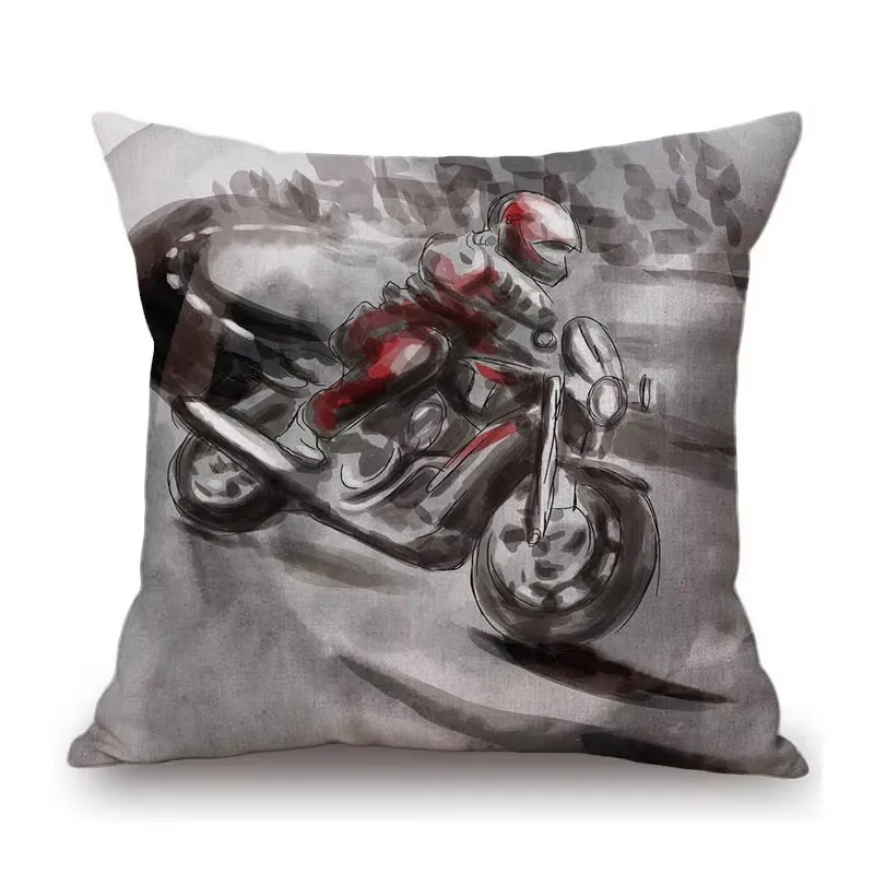 Watercolor Ink Splash Art Motorcycle Racing Scene Home Decorative Sofa Cushion Cover Motorbike Route66 Nordic Linen Pillow Cover