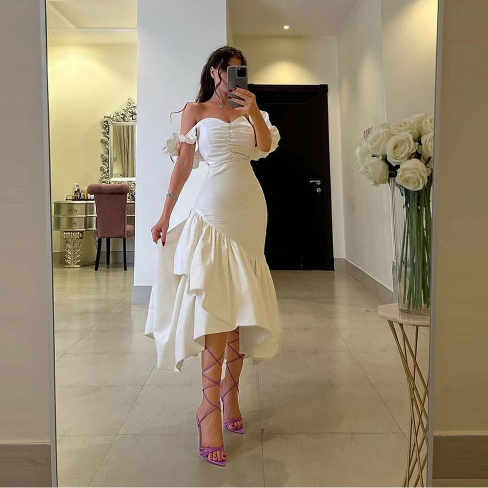 

Jiayigong Ivory Matte Satin Evening Party Dresses Off the Shoulder Tiered Tea Length Women Formal Prom Gowns