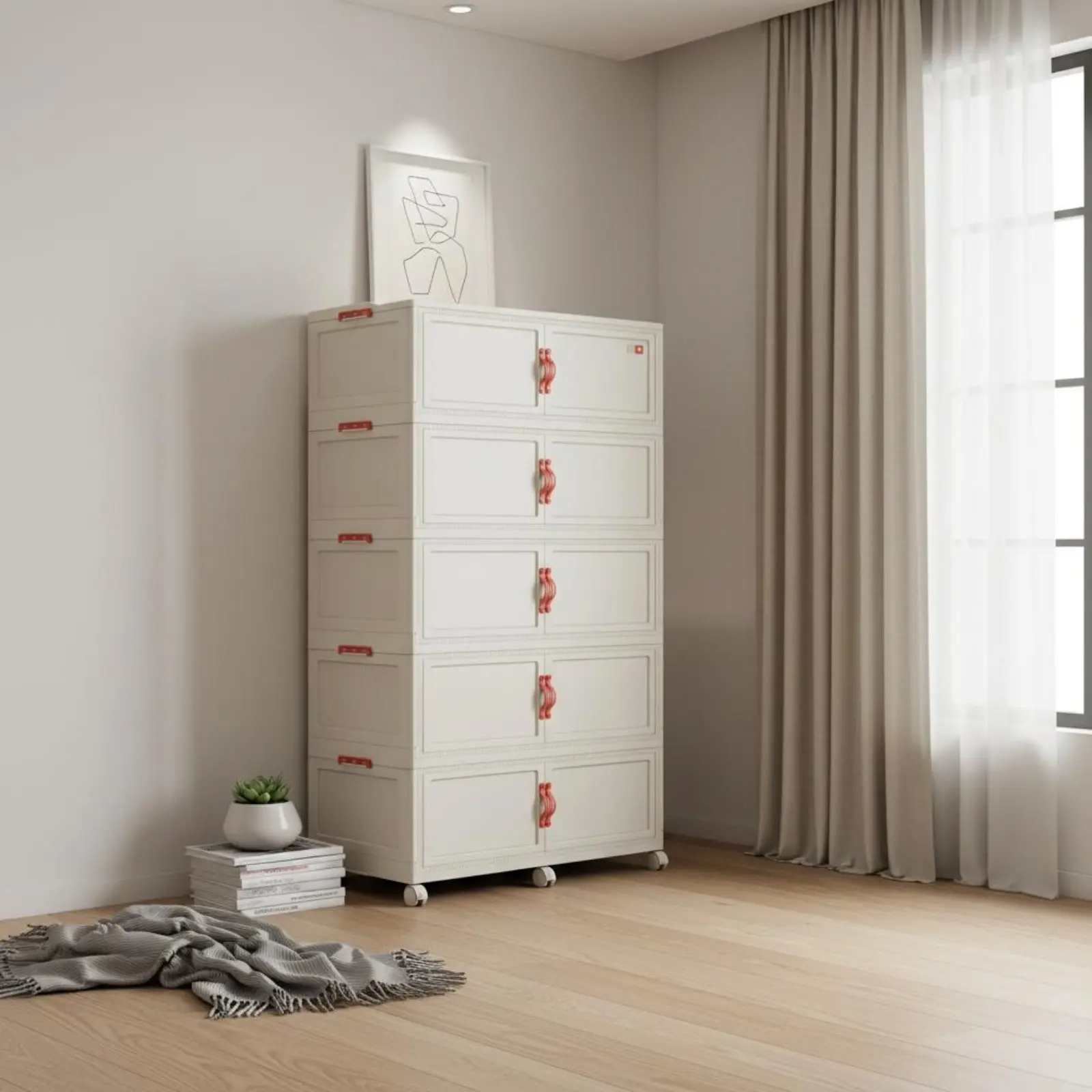 

Plastic Wardrobe on Wheels Large Capacity Stackable Organizer with Doors Foldable Storage Cabinet Sturdy Duty for Children