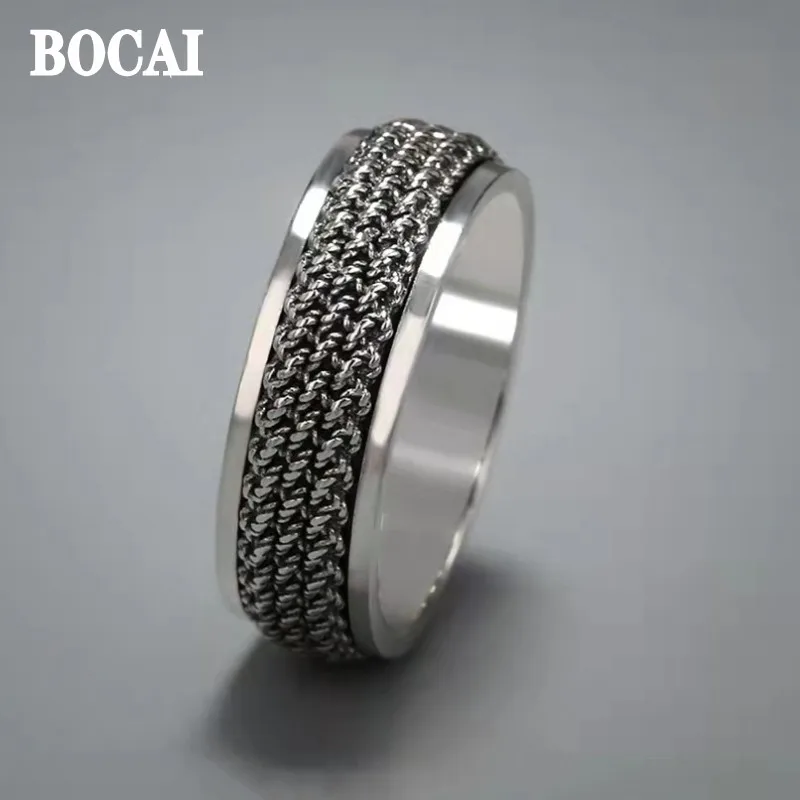 

BOCAI New Real Pure S925 Silver Trendy Twist Ring for Man and Woman Old-Fashioned Personality Hip-Hop Retro Couple Jewelry