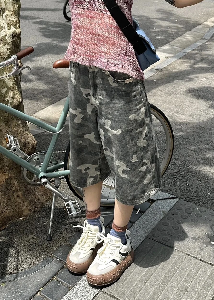 

American High Street Camouflage Wide Leg Seven-Foot Pants Women Summer Spicy Loose Slimming Washed Straight Mid-Pants Jeans S...