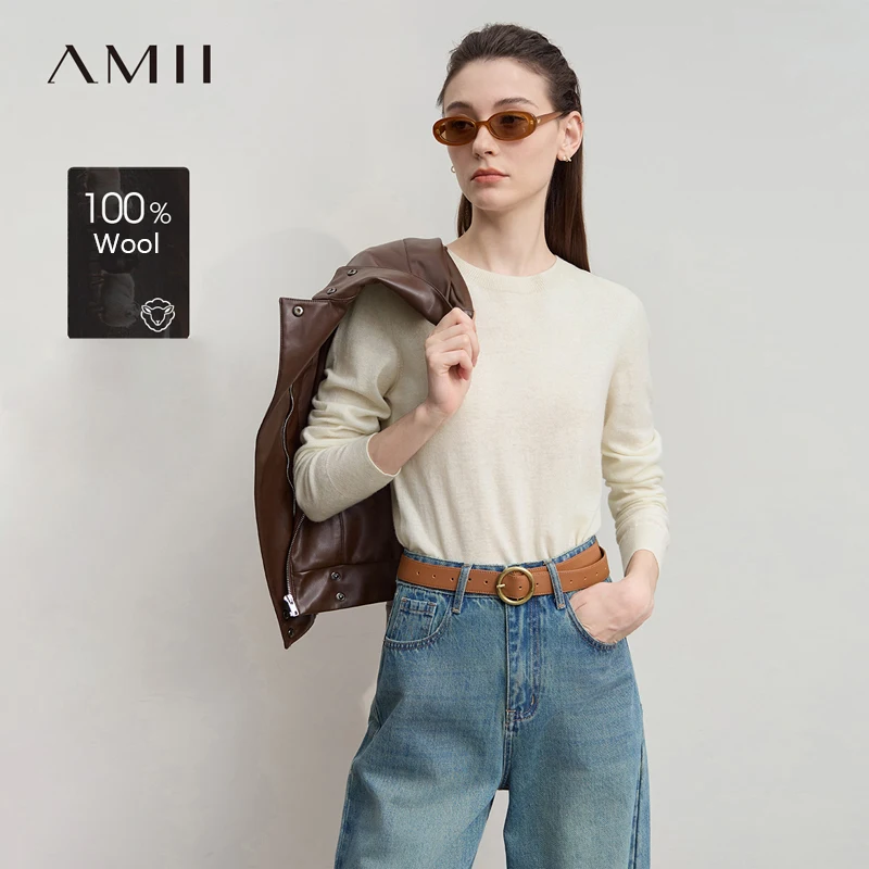 

AMII Women's Sweater 2025 Autumn New Versatile Round Neck Tops Ladies Knitted Wool Basic Long Sleeves Sweaters For Women12523163