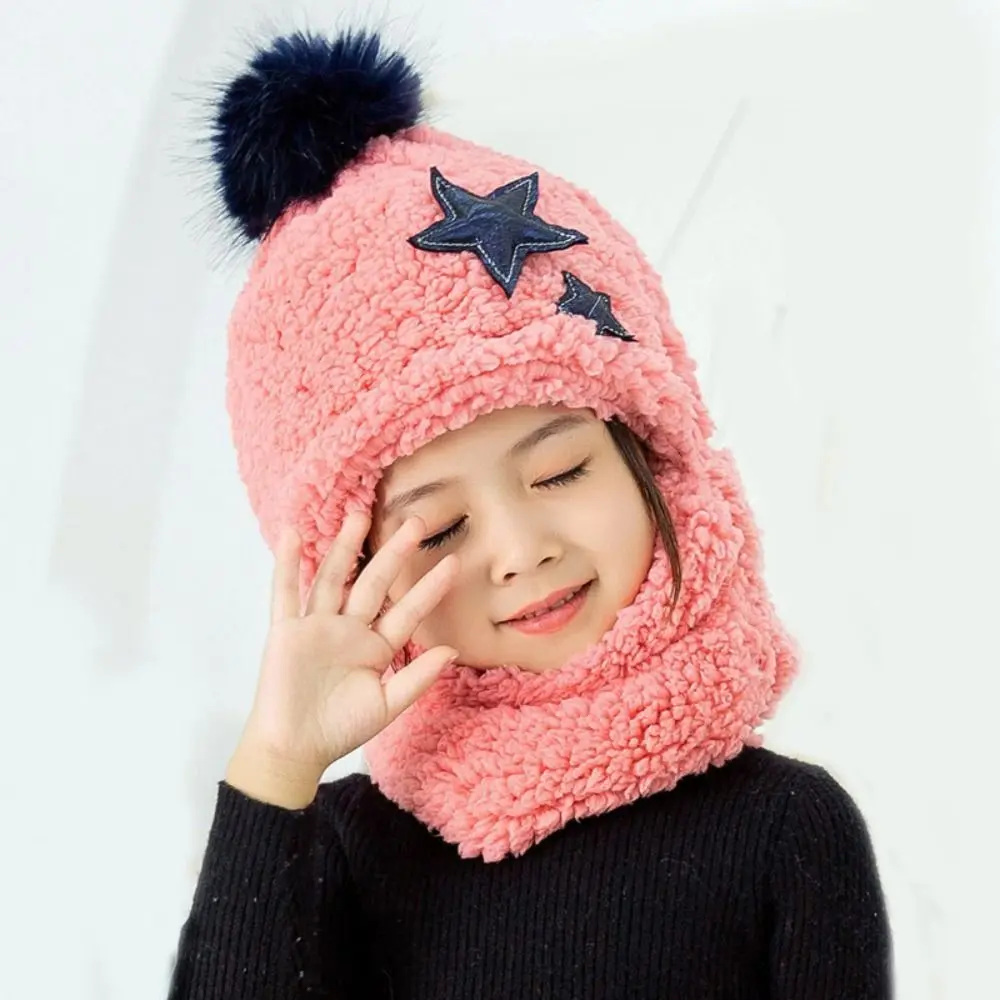 Winter Cute Star Coral Velvet Cap Polar Fleece Plush Kids Caps Balaclava Baby Scarf Hat Boys Girls