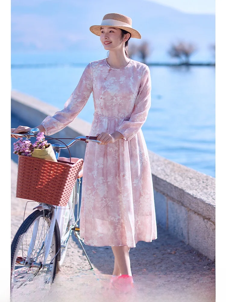 

Red Floral Print Midi Dr Women's Long Sve Belted Gown Artistic Ele Sle Spring New Faion Ladies Dr