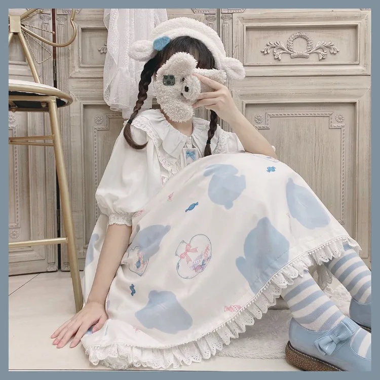 Harajuku Sweet Print Lolita Dress for Women 2024 Summer New Jsk Vest Dresses Y2k E-Girl Mid-length Loose Vestidos De Mujer