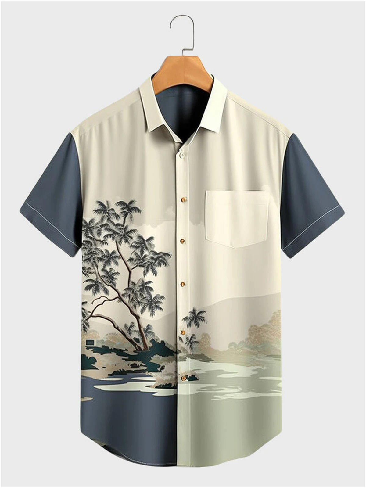 Chinese ink style print men\'s shirt Hawaiian beach casual men\'s lapel top large size comfortable men\'s short-sleeved shirt