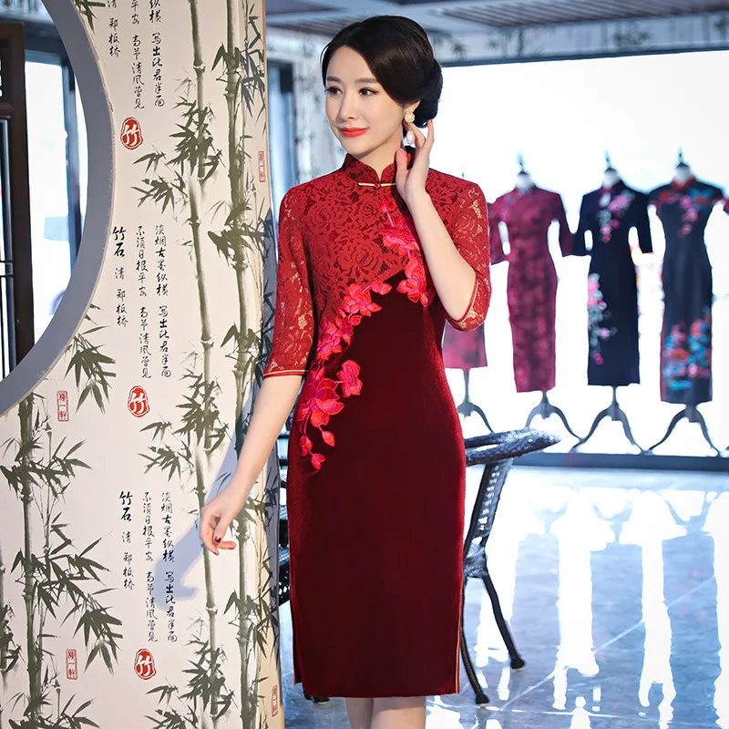 

Yourqipao Autumn Gold Velvet Cheongsam Daily Banquet Mid-length Embroidered Plus Size Qipao Dress