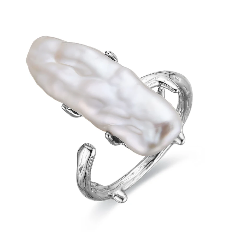 

New 925 Sterling Silver Freshwater Cultured Keshi Pearl Ring For Women Fashion Open Adjustable Irregular Pearl Jewelry Gifts
