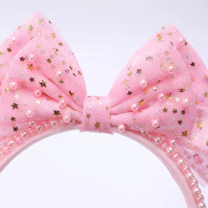 Ncmama Fashion Pink Lace Pearl fasce per donna Cute Glitter Stars Bow Hair Band Girl Headwear accessori per capelli regalo di compleanno