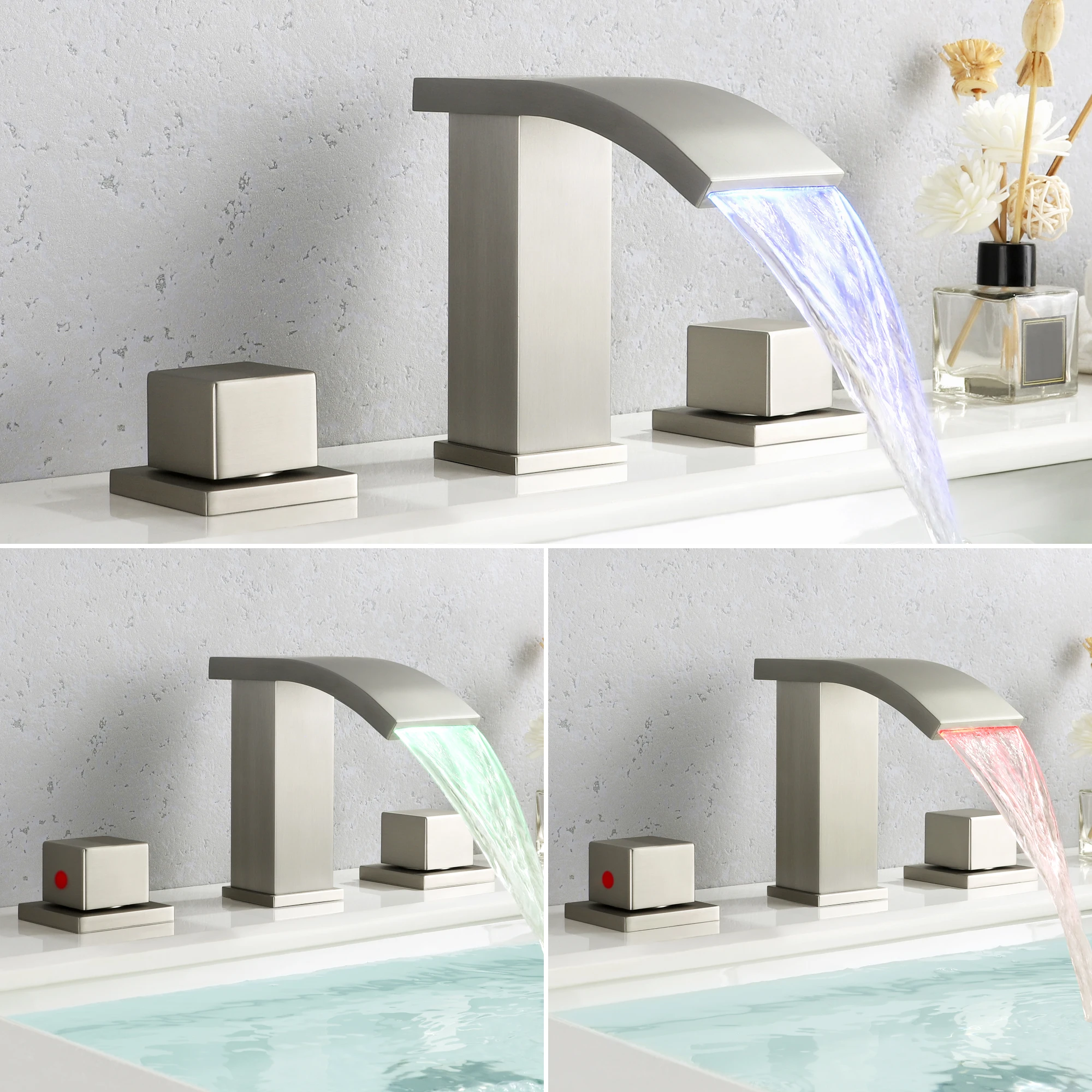 

SKOWLL Waterfall Bathroom Faucet Deck Mounted Basin Faucet 3 Hole Vanity Fauce LED 3 Colors Changing Lavatory Faucet, SK-4406