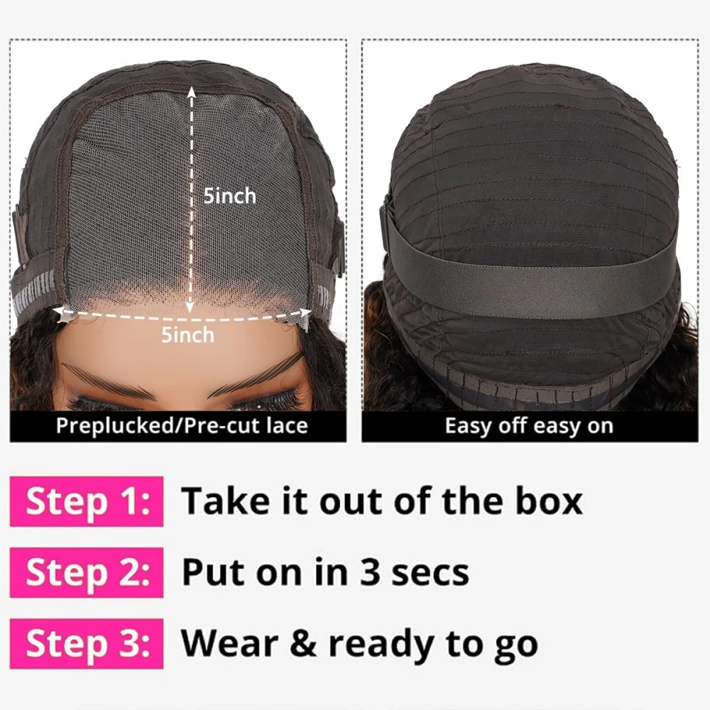 Destaque peruca dianteira do laço encaracolado, cabelo humano, pronto para vestir, perucas sem cola, 200% densidade, 5x5, 1B/30