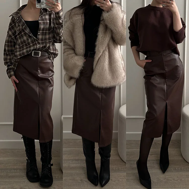 Long Leather Skirts For Women Brown High Quality PU Midi Bodycon Skirt Front Split High Waist Women's Leather Skirt Black Midi