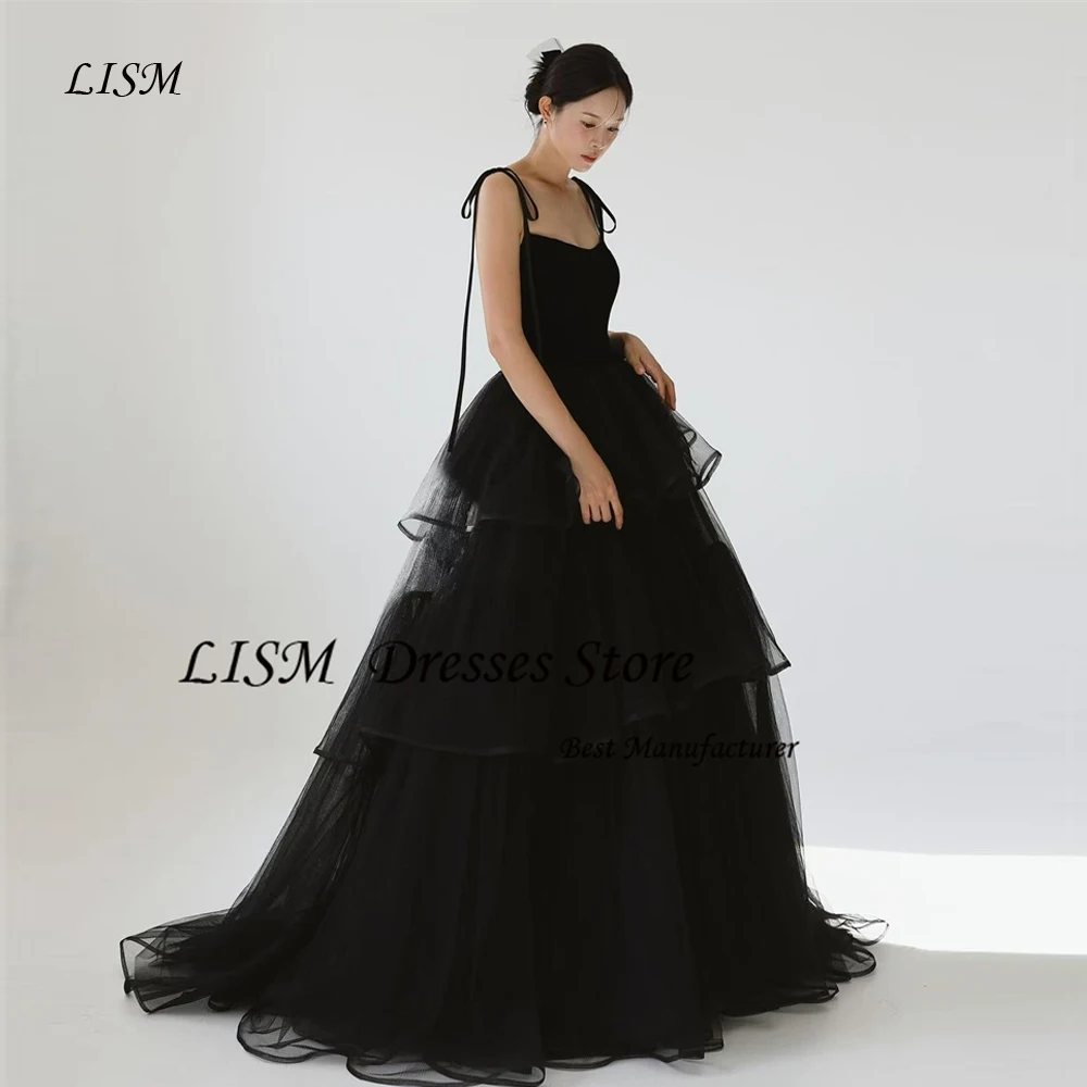 فساتين سهرة عصرية من التول الأسود من LISM لحفلات الزفاف الكورية وحفلات الزفاف وحمالات رفيعة بطول الأرض فساتين العروس مشد الظهر