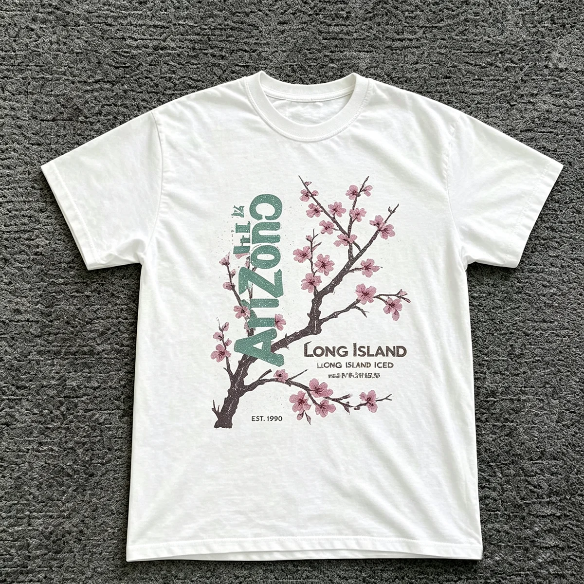 Arizona Long Island Cherry Blossom Vintage Graphic T‑Shirt Retro Sakura Floral Art Print Unisex Cotton Casual Short Sleeve Tops for Men Women Floral Lover Gift
