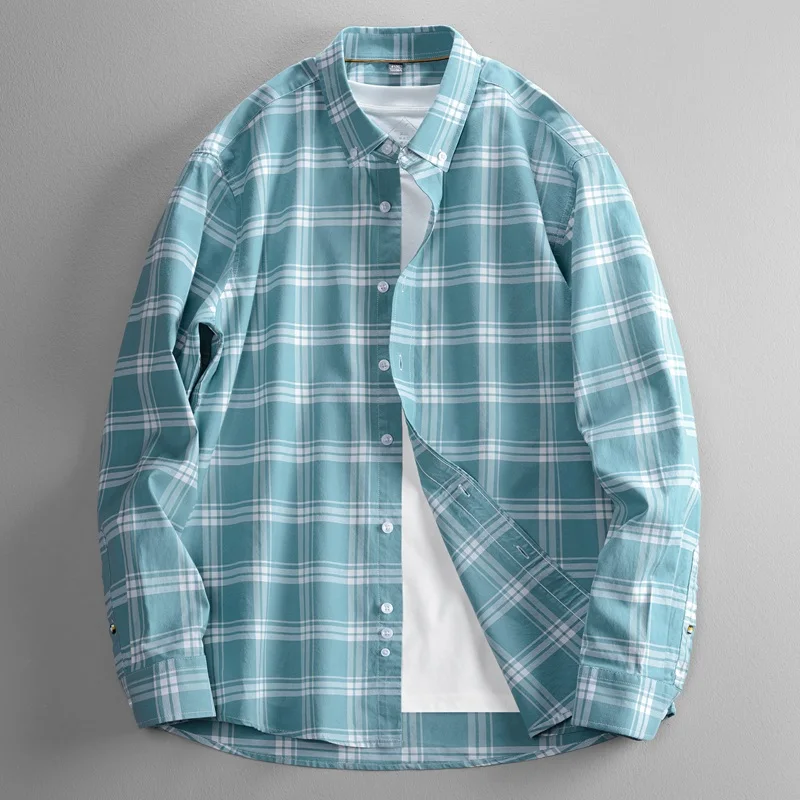 New Spring 23% Lyocell  Cotton Long Sleeve Men's Shirt Plaid Business Breathable Casual Japanese Retro Jacket Men's Shirt