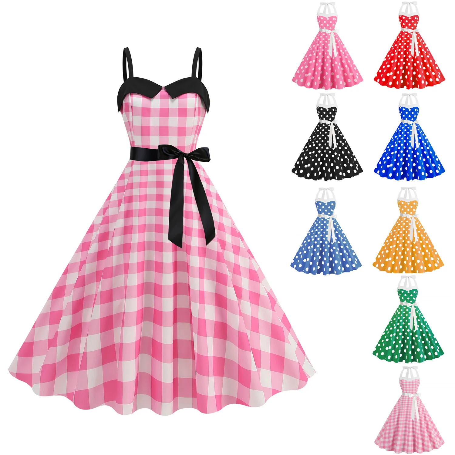 Elegant Women Pink Polka Dot Dress Summer Robe Hepburn 1950s 60s Vintage Sexy Halter Rockabilly Retro Party Dresses 2026 Vestido - Image 2