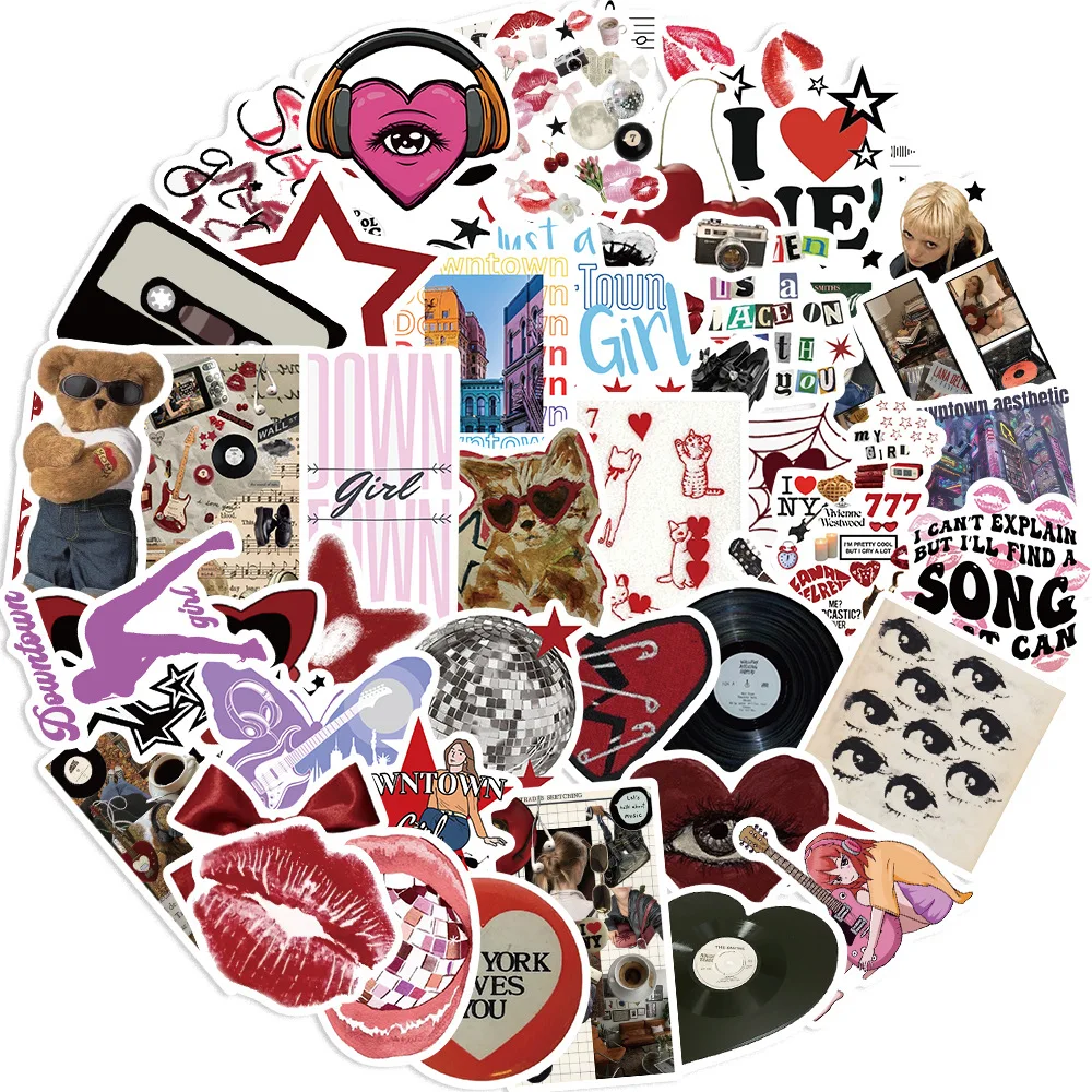 50Pcs Retro Aesthetic 90s Y2K Stickers Downtown Modern Girls Stickers For Laptop Luggage Guitar Skateboard Vinyl Car Decals