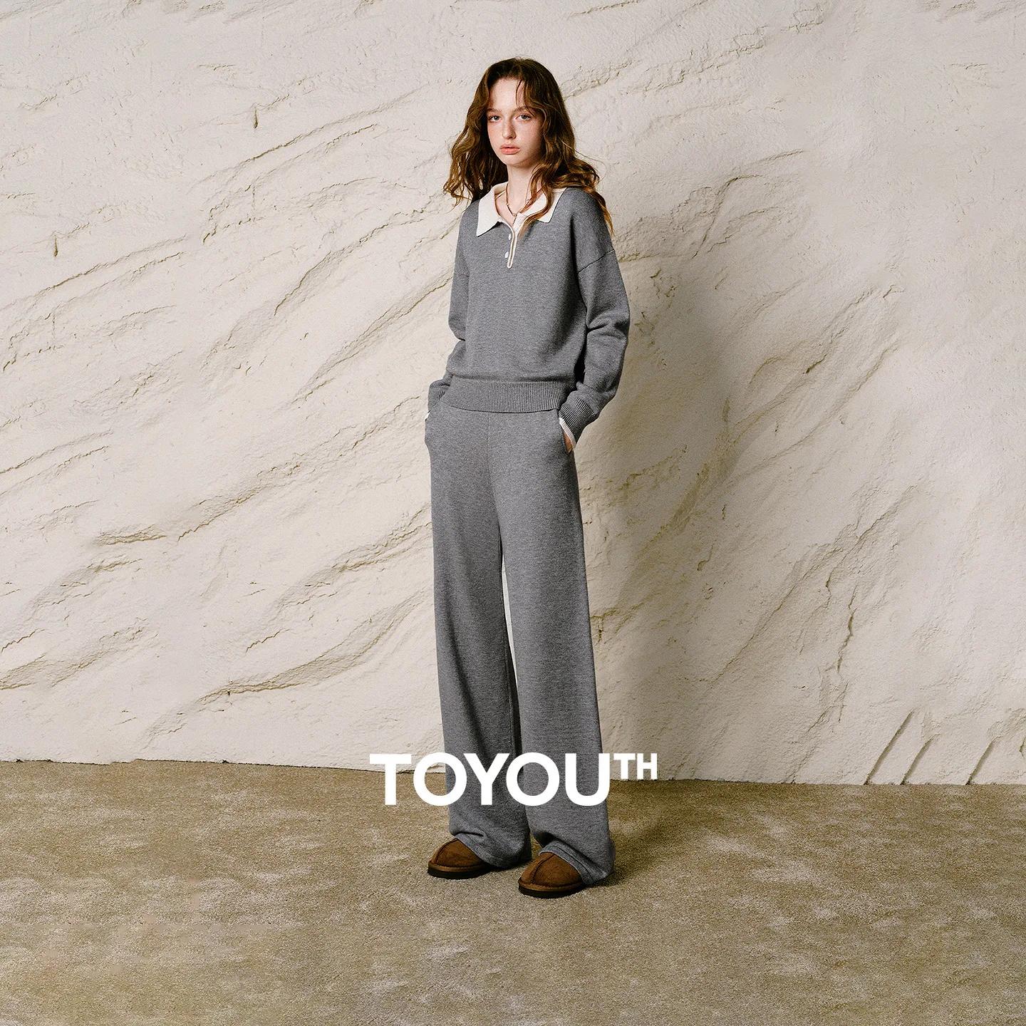TOYOUTH Women Knit Set 2026 Winter New Color Block Polo Collar Wide Leg Pants Two Piece Outfit
