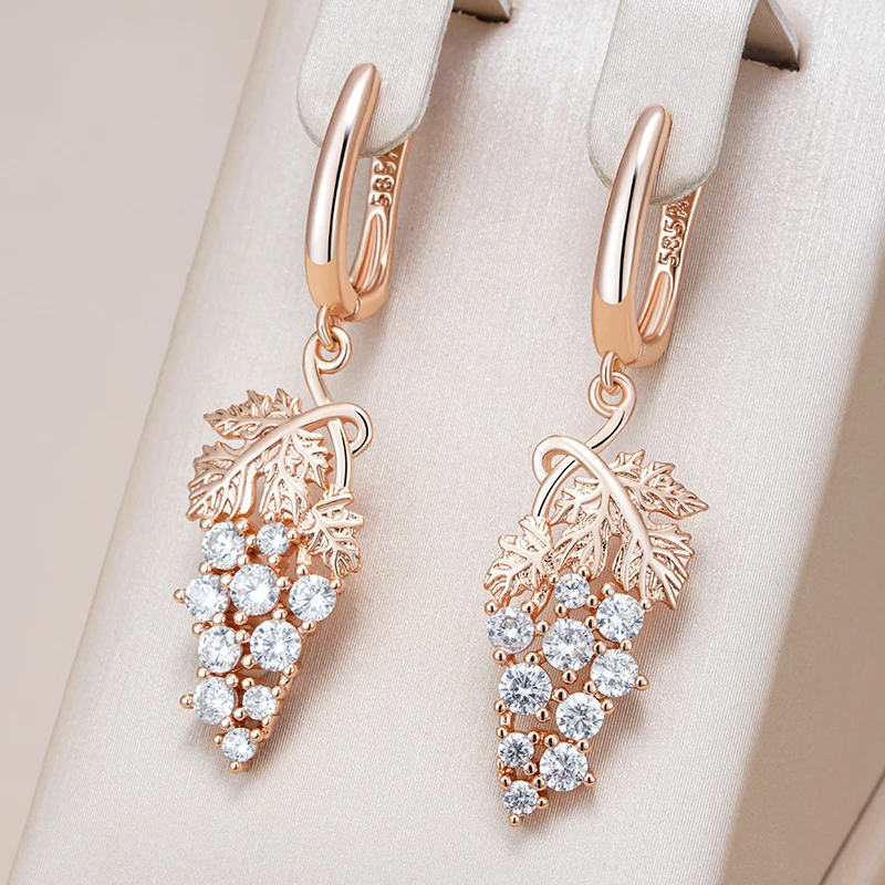 Kienl Hot Full Shiny Natural Zircon Long Drop Earring for Women 585 Rose Gold Color Unique Crystal Grape Daily Vintage Jewelry