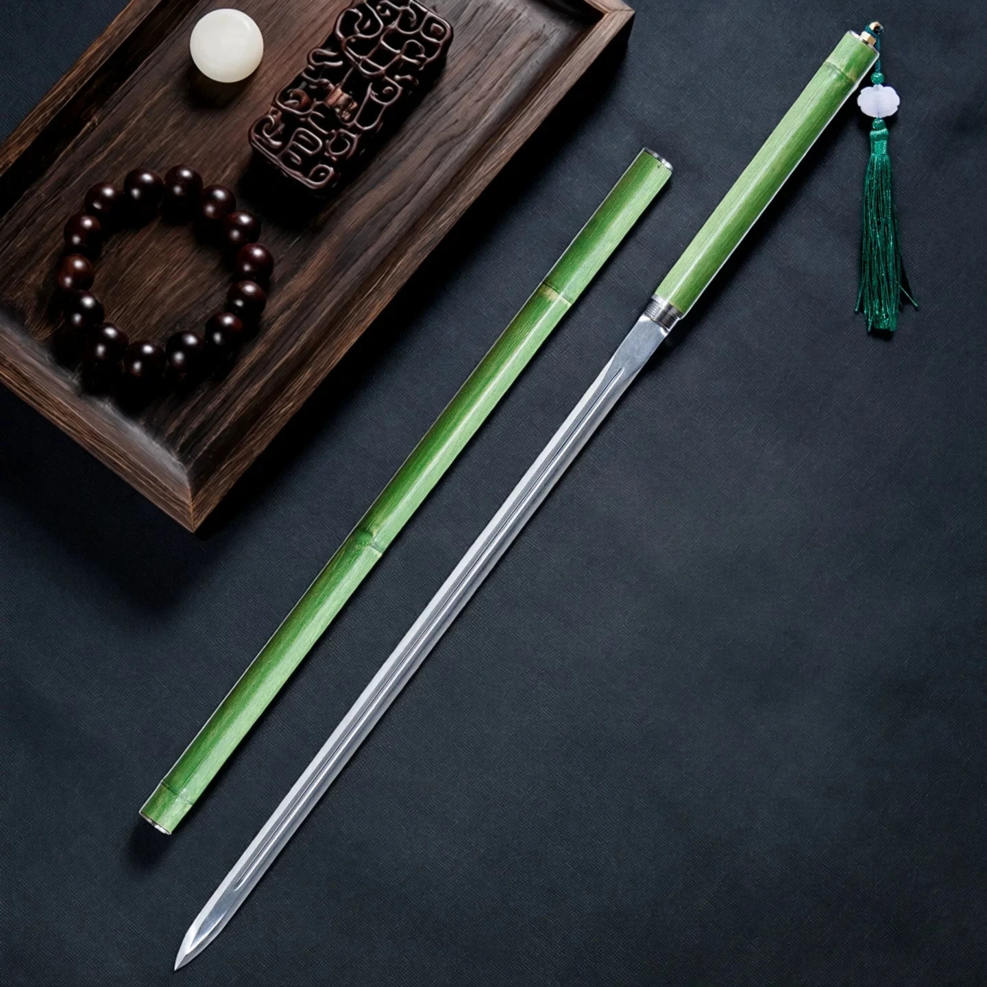 Bamboo Joint Stick Sword Manganese Steel Blade Carbon Steel Bamboo Textured Scabbard Jade Pendant Green Tassel Short Sword