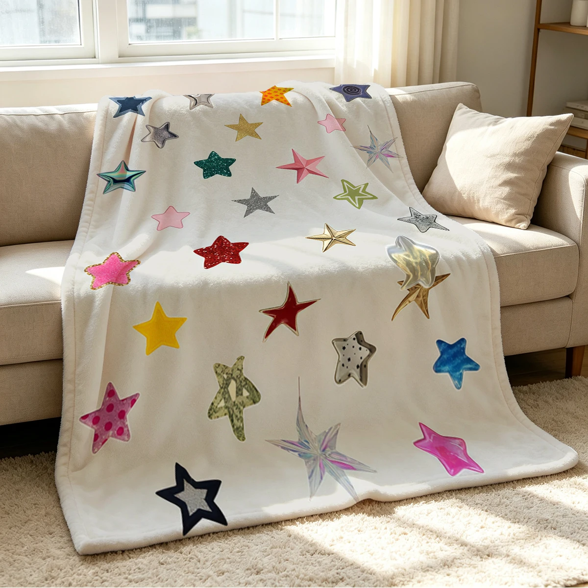 Star Patch Blanket Soft Cozy Throw for Sofa Bed Festive Holiday Decor Gift for Kids and Adults,Lightweight and Warm