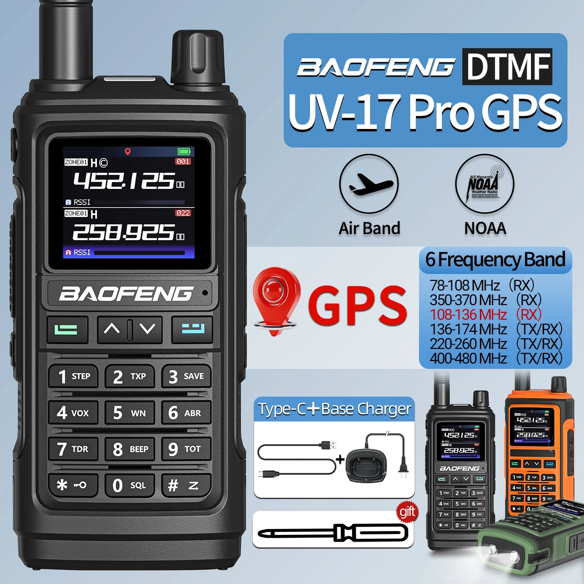 Baofeng UV 17 PRO GPS Air Band Walkie Talkie Wireless Copy Frequency 999CH 6 Bands DTMF Amateur Ham Two Way Radio for Hunting