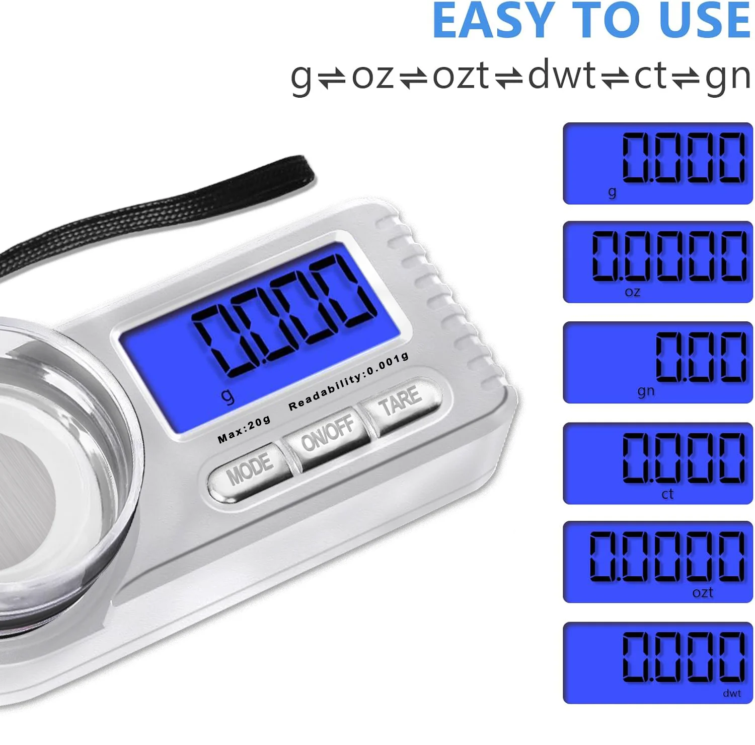 مقياس مليغرام رقمي، 20 جرام × 0.001 جرام مقياس Mg صغير عالي الدقة مع شاشة LCD 6 وحدات ميزان مجوهرات محمول، جرام صغير #2