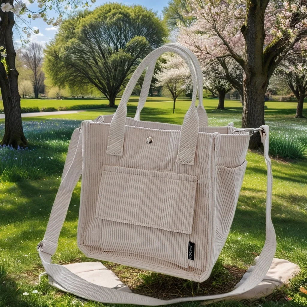 Sac fourre-tout en velours côtelé pour femme avec fermeture éclair, sac initié de grande capacité, poche intérieure, sac à main de voyage