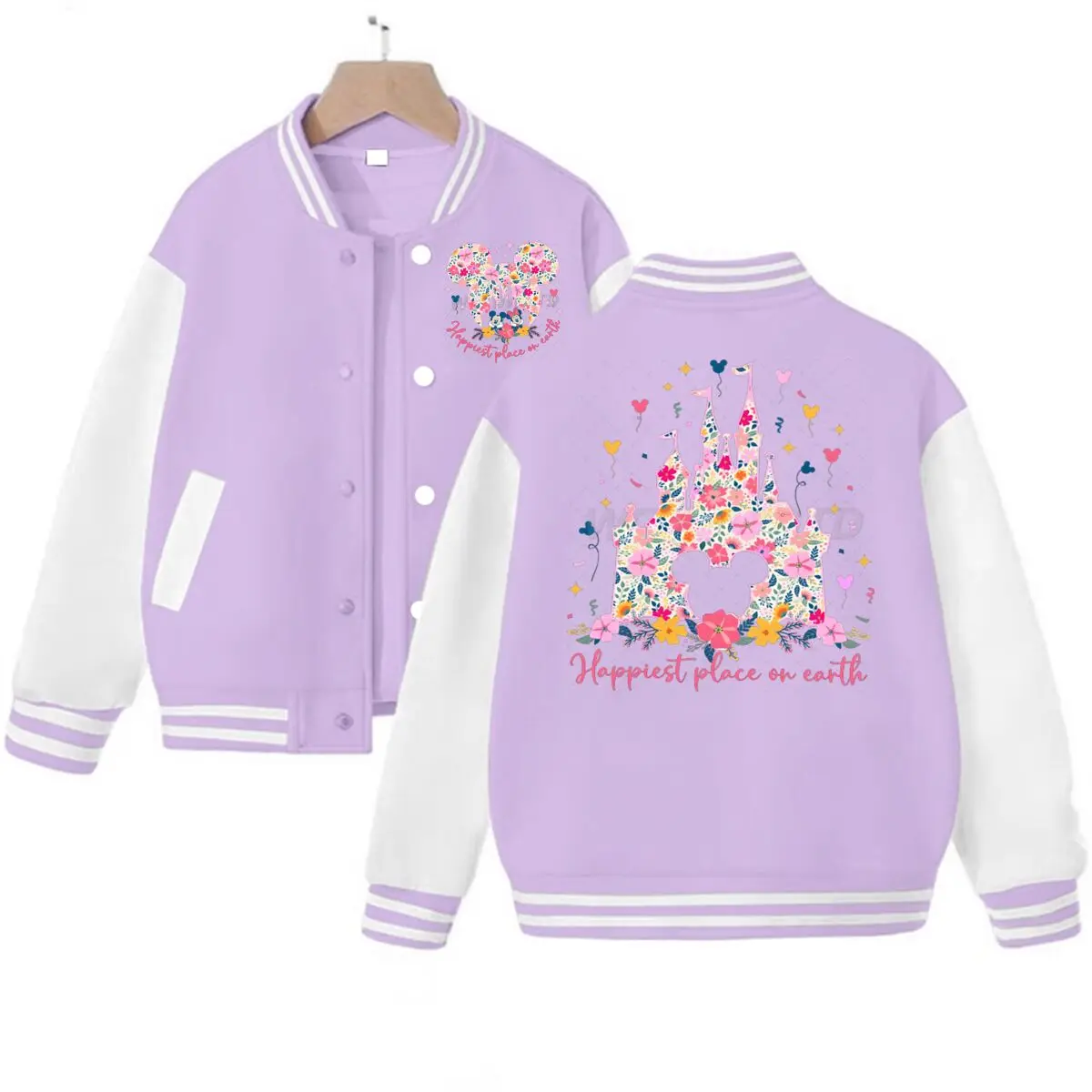 

Kids and Adults Jacket Floral Castle "Happiest Place on Earth" Graphic Baseball Coat Unisex Mickey Mouse Harajuku Fashion Jacket