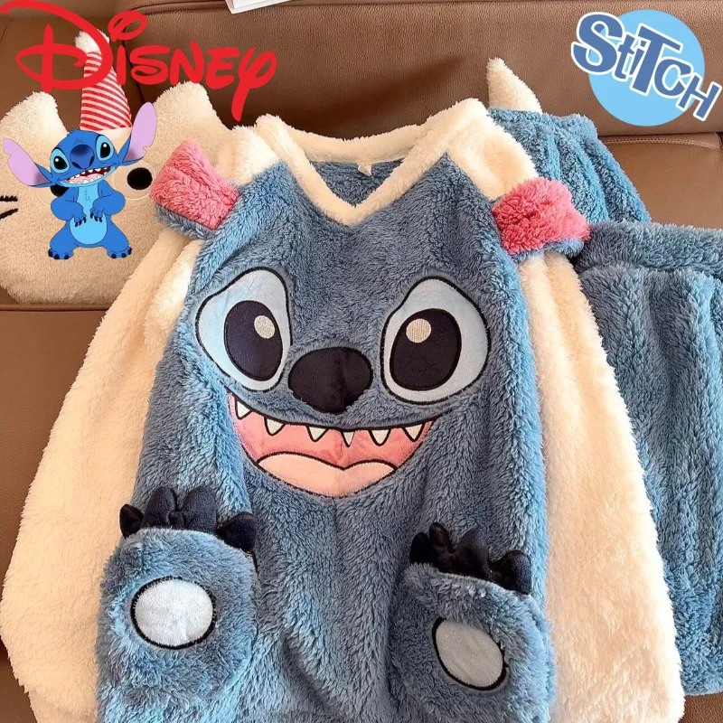 

Disney Stitch Cute Creative Cartoon Pattern Fashion Soft Skin-Friendly Coral Fleece Pajama Set, Loose and Comfortable Loungewear