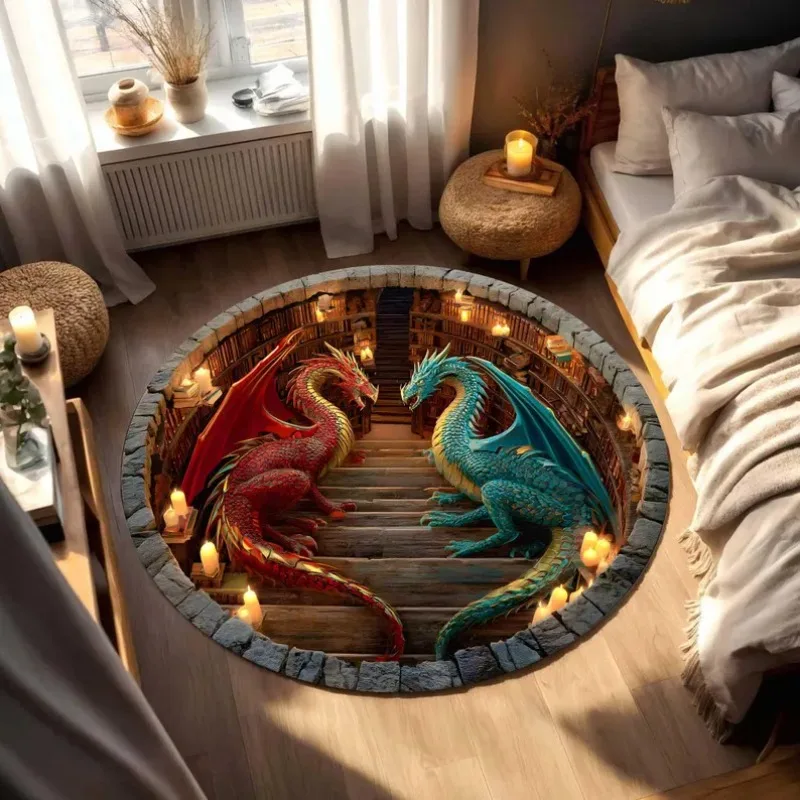 Dragon Book Round Rugs 3D Book Library Fantasy Rug Mythical Creature Home Decor Gift for Dragon Lovers Dragon Lover Book Decor